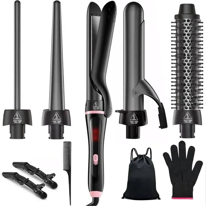 Fer À Boucler 5 En 1 Avec Brosse Thermique Et Barils Céramiques Interchangeables(035-125)Set De Fer À Boucler Avec Lisseur