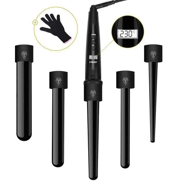 Fer à boucler 5 en 1 – Fer à friser multifonction en céramique avec embouts interchangeables – Écran LCD – Noir