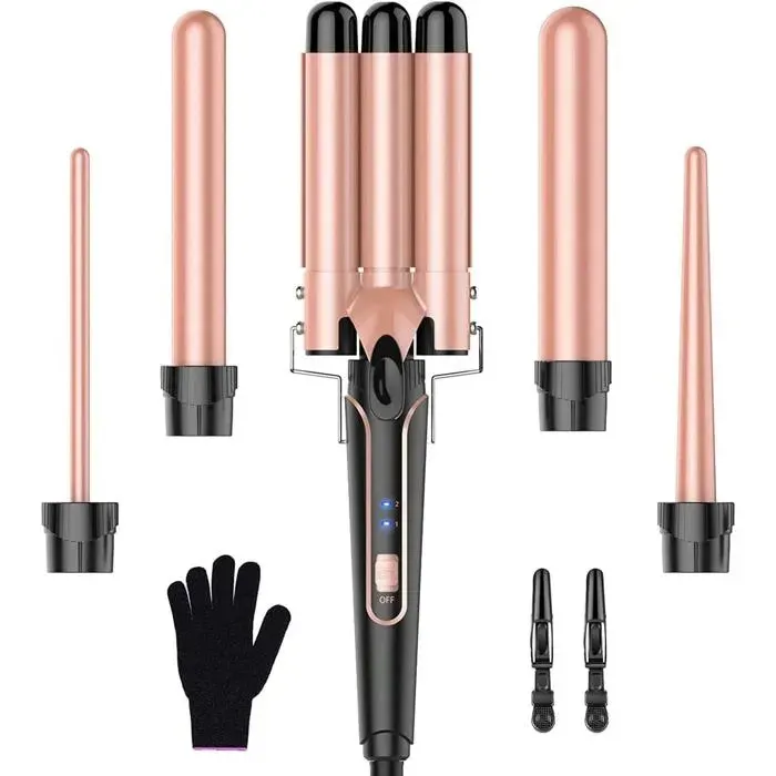 Fer à Boucler 5 en 1 Multifonction avec Écran LED Fer à Boucler Triple Tube pour Coiffure Professionnelle
