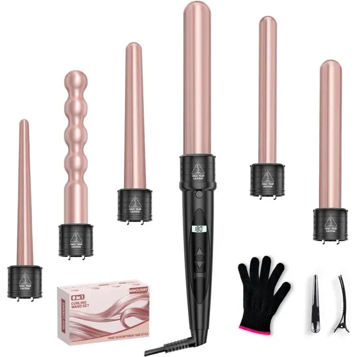 Fer à boucler 6 en 1 en céramiquechauffage rapideécran LCDtempérature réglablekit boucles grandes et petitesavec gant