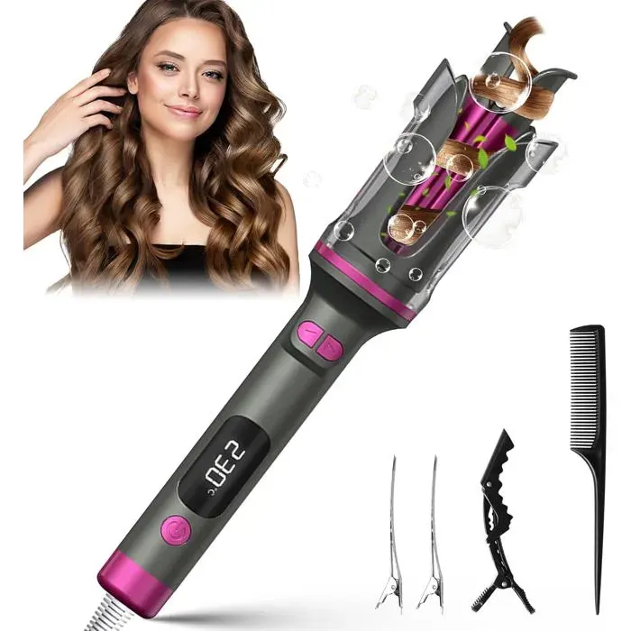 Fer à boucler automatique – 6 réglages de température – écran LCD – pour femme – céramique – cheveux longs/courts