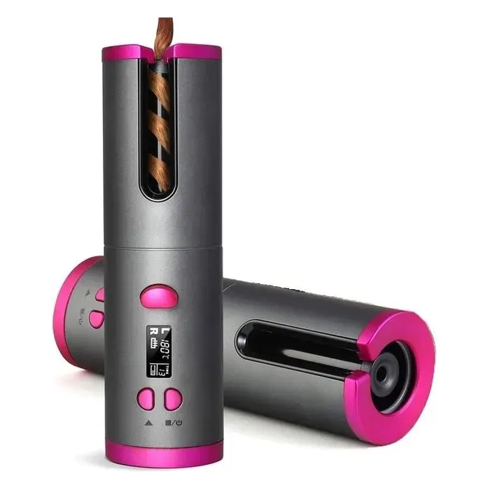 Fer à boucler automatique – sans fil – rechargeable – USB – 19 cm – rotation automatique – pour cheveux longs et courts – Rose