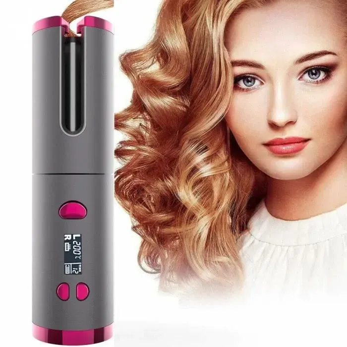 Fer à Boucler Boucleur Cheveux Fer à Friser sans fil automatique Céramique 150-200°C Bâton de curling de chargement USB