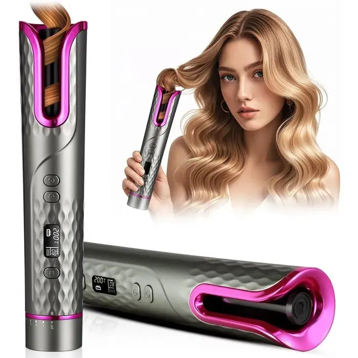 Fer a Boucler Cheveux Automatique Boucleur a Cheveux Sans Fil Boucleur Céramique USB Rechargeable avec 6 Réglages de Température