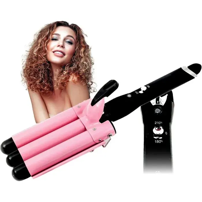 Fer à cheveux ondulateur - Température max 210°C - Dimensions 35x10 cm - Poids 420 g - Couleur rose et noir