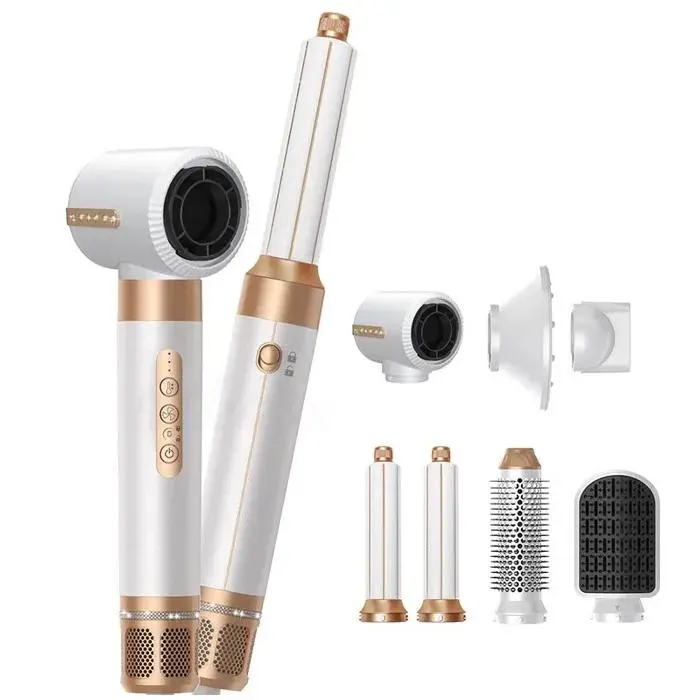 Fer à Friser 1400W Sèche-Cheveux Brosse Chauffante Peigne à Air Chaud 3 Températures Multifonction Coiffure Or Blanc