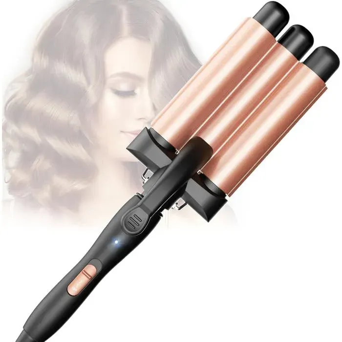 Fer À Friser 3 Barils Beach Waves Céramique Boucleur 3 Tete Ondulé2 Températures Cheveux Chauffage Rapide Gaufre Wavy Hair
