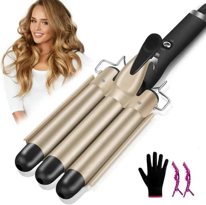 Fer à friser - 3 têtes 22 mm Fer à friser ondulé coiffure cheveux longs/courts bouclés pour femme température réglable — coloris Noire