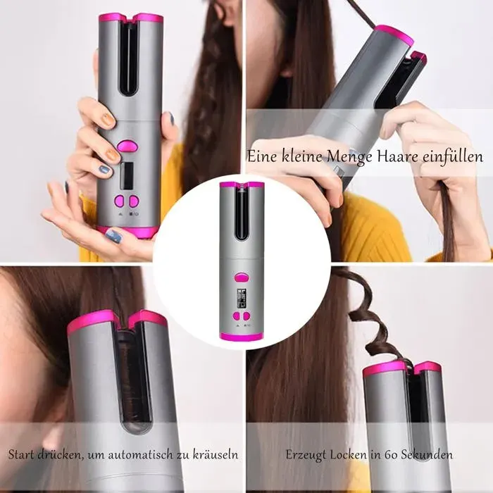 Fer à friser automatique 6 réglages de température et minuterie fer à friser écran LCD minuterie anti-brûlure rechargeable par USB — coloris Gris