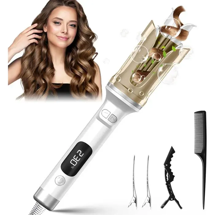 Fer à friser automatique – 6 températures – écran LCD – céramique – cheveux longs/courts – blanc