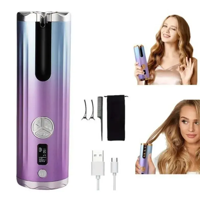 Fer à Friser Automatique Sans Fil Boucleur à Cheveux Rechargeable USB Bigoudi Anti-Brûlures Fer à Boucler Auto Rota FER A FRISER