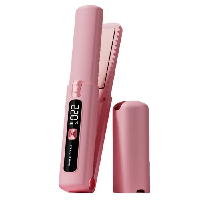 Fer à friser et lisser sans fil 2 en 2-Lisseur rechargeable avec revêtement céramique-Rose-Chauffe rapide et température réglable