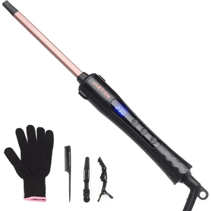 Fer à friser fin 9 mm boucles serrées écran LCD 100-230 °C céramique tourmaline 30s pince pro cheveux longs/courts (rose)