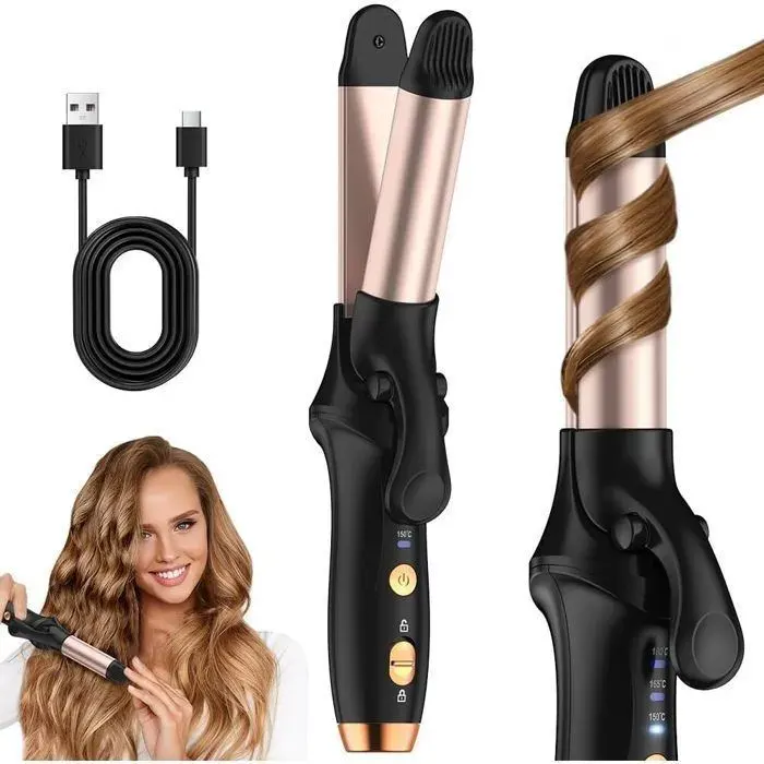 Fer à lisse sans fil Fer à boucler 21mm - Rechargeable 4000 mAh - Revêtement en céramique - 3 niveaux - Taille portable