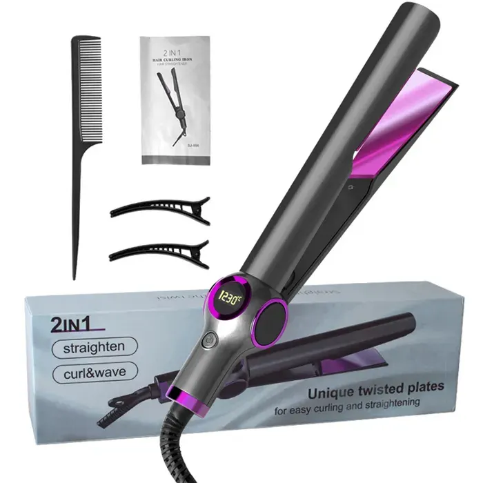 Fer à lisser 29×35×4cm peigne lisseur fer à friser ions négatifs fer friser automatique 2 en 1 pour lisser et friser les cheveux — coloris Noir