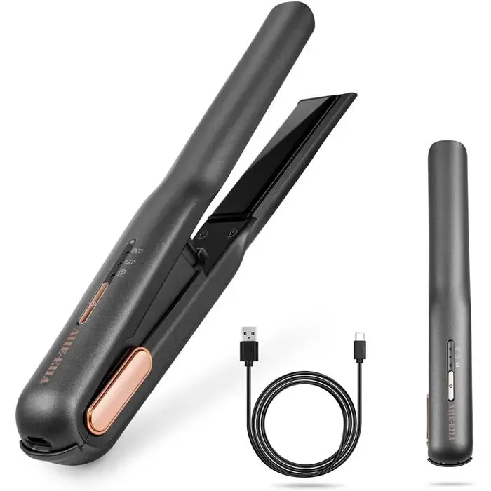 Fer à lisser et Bigoudi sans fil 2 en 1Fer Plat en Céramique Rechargeable par USBmini Lisseur de Voyage sans fil Portable