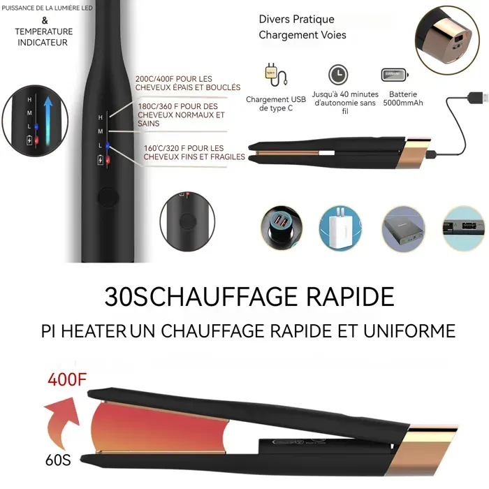 Fer à lisser multifonctionnel rechargeable usb portable cheveux lisses et bouclés - TepidBee - 2 en 1 lisseur cheveux sans fil sup