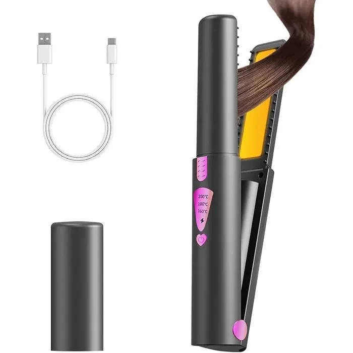 Fer à Lisser Sans Fil Lisseur Boucleur Cheveux 2 en 1 Mini Lisser Rechargeable3 Température/160°-200°Chauffage LISSEUR — coloris Gris
