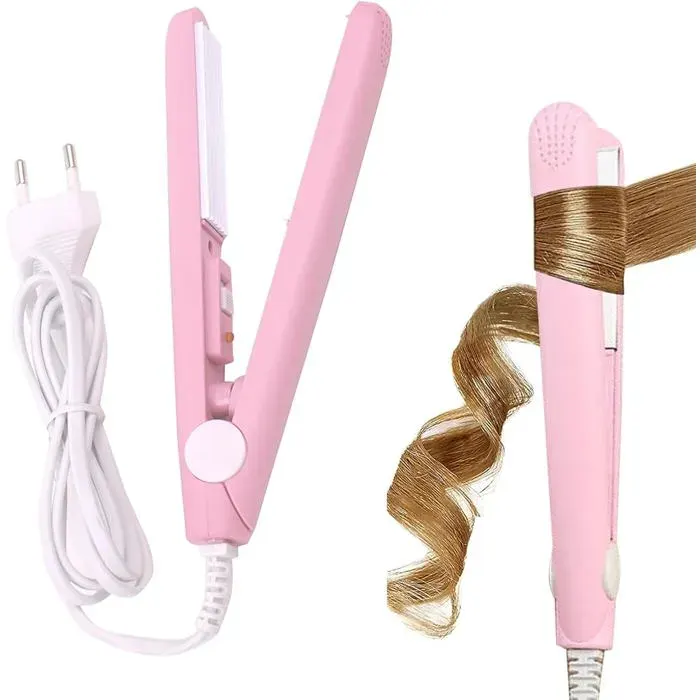 Fer à Lisseur 2 en 1 Mini en Céramique Lisseur et Fer à Friser Automatique Pour Cheveux Courts et Tous Types Rose
