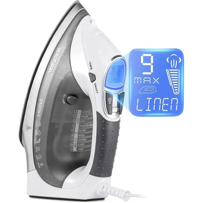 Fer à Repasser Vapeur 2400W 340ml LCD Anti-gouttes auto-nettoyage anti-calc blanc/gris puissant.