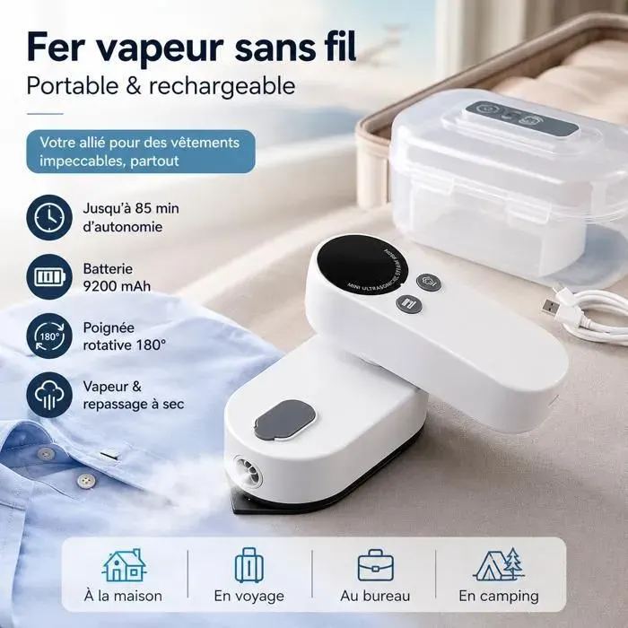 Fer à repasser vapeur sans fil - 120W portable avec batterie 9200mAh écran LCD poignée pivotante 180° pour voyage maison