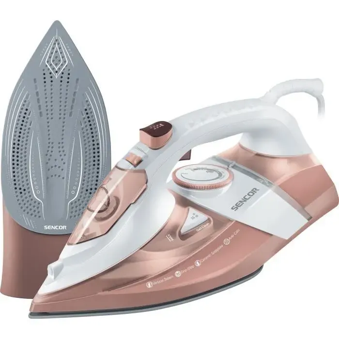 Fer à repasser vapeur Sencor SSI 8300RS - 3200 W - Semelle céramique - Anti-goutte - Blanc et Rose