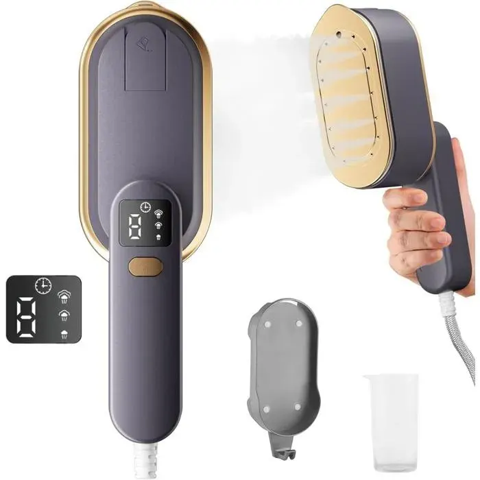 Fer à vapeur de voyage avec écran LCD- 10S- chauffage rapide- 2000 W- avec poignée rotative à 180°- 3 niveaux de vapeur (Gris)
