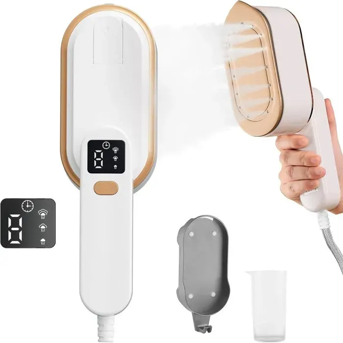 Fer à vapeur de voyage avec écran LCD 10S chauffage rapide 2000 W avec poignée rotative à 180° défroisseur portable (Blanc)