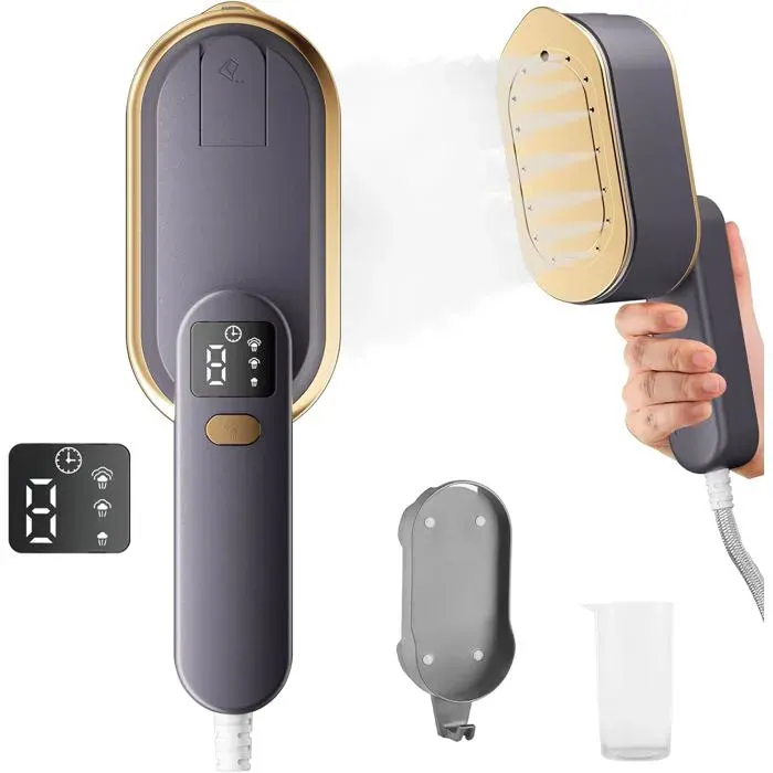 Fer à vapeur de voyage avec écran LCD 10S chauffage rapide3 niveaux de vapeur pour les voyages la maison le bureau (Gris)