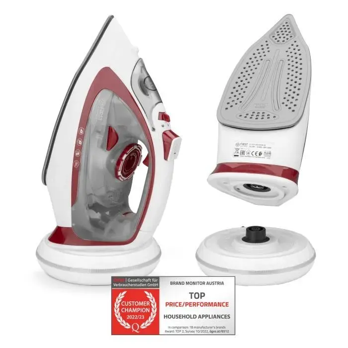 Fer vapeur sans fil 2200-2400W réservoir deau 450 ml Céramique Fer à repasser Noir-bleu TZS First Austria [blanc/rouge]