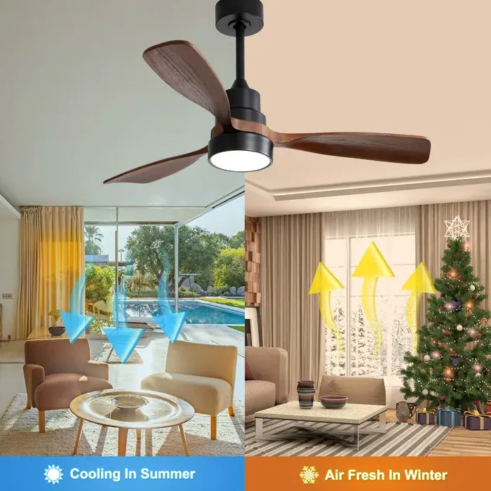Feuille épaissie Ventilateur de plafond en bois de 48 pouces pour salon avec 3 Lames en bois massif télécommande réversible moteur