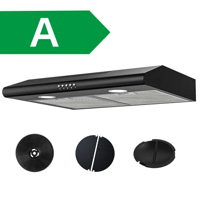 FIREGAS Hotte Aspirante 60cm-Hotte visière- Eclairage LED-Filtre à charbon inclus-Evacuation et Recyclage-Hotte de Cuisine — coloris Noir