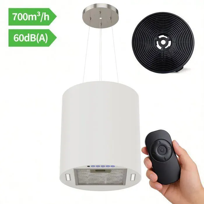 FIREGAS Hotte îlot suspendue 35 cm 700 m³/h 3 vitesses éclairage LED arrêt différé 2 filtres à charbon – Blanc Mat
