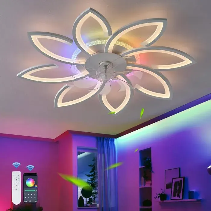 Fleurs Luminaire Ventilateur RGB Avec Télécommande APPLampe Ventilateur Plafond Couleur VariableVentilateur Plafond SalonBlanc