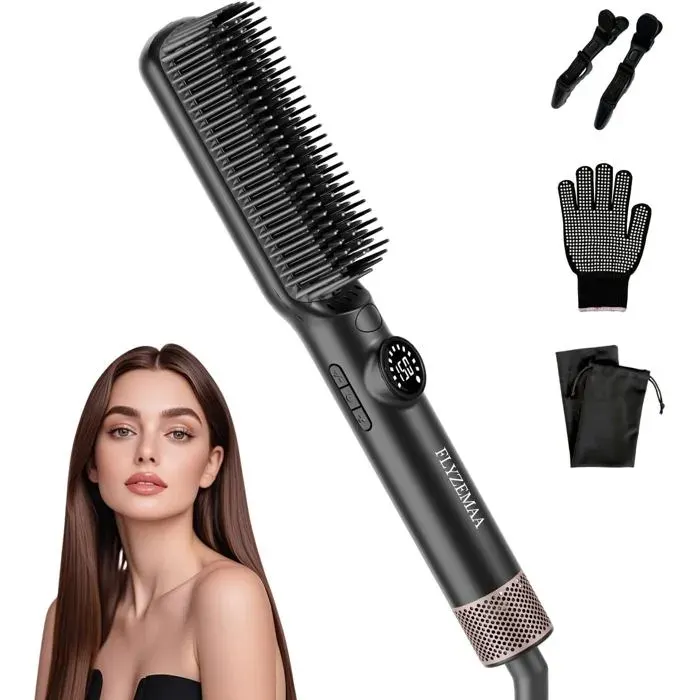 FLYZEMAA Brosse Lissante Cheveux 7 Températures LCD Anti-Brûlure Double Tension Ionique Noir
