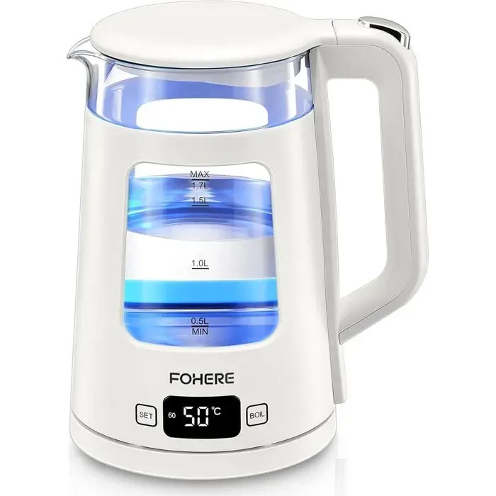 FOHERE Bouilloire électrique 17L verre borosilicate 2200W – 5 températures maintien au chaud