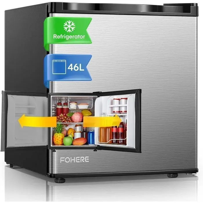 FOHERE Mini Frigo 46 L7 Niveaux Thermostat Porte Réversible Classe Énergétique E pour Chambre Bureau Dortoir (Acier Inoxydable)
