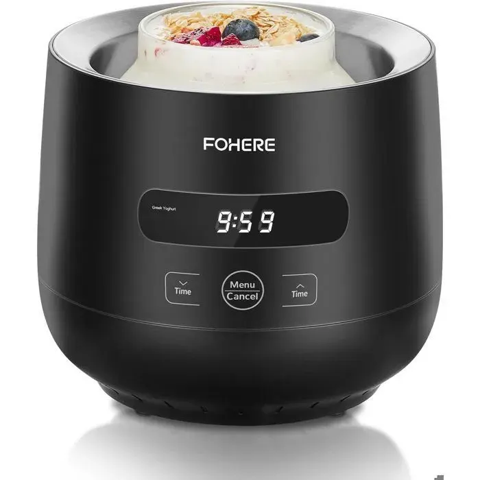 FOHERE Yaourtière 2 XXL pots en Verre 4 * 125 ml Tasse en Céramique avec Couvercle 8 Programmes Automatiques Arrêt Automatique