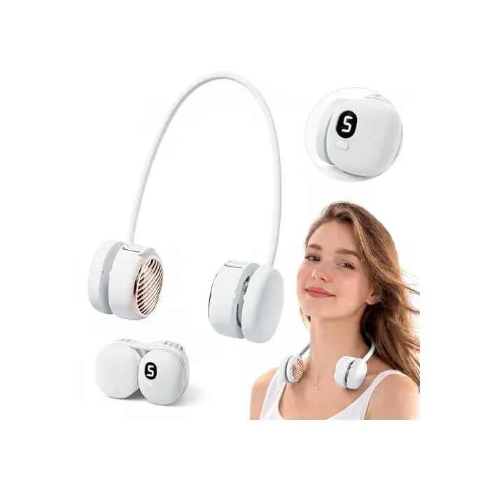 Foluu Ventilateur de Cou Rechargeable 5 Vitesses Affichage LED. Turbine 120 Pales 360° Flexible Ultra-Silencieux 40dB.(Blanc)