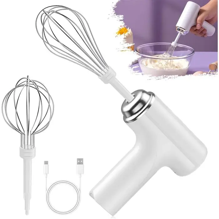 Fouet électrique à main sans fil avec 2 fouets amovibles batteur 3 vitesses rechargeable USB blanc