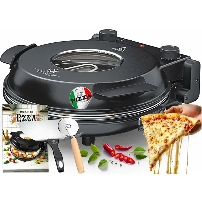 Four à pizza électrique noir - KESSER - Pierre réfractaire 32 cm - 1200 W - Jusquà 400°C - Minuterie 15 min