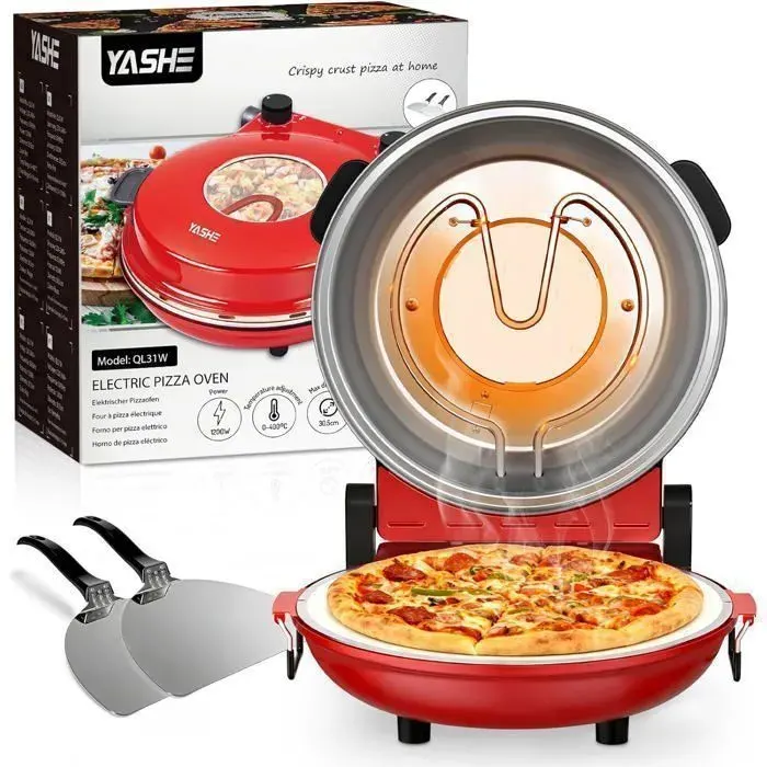 Four à Pizza Électrique-YASHE- 1200W avec Pierre à Pizza - Minuterie et Fenêtre de Visualisation - Rouge
