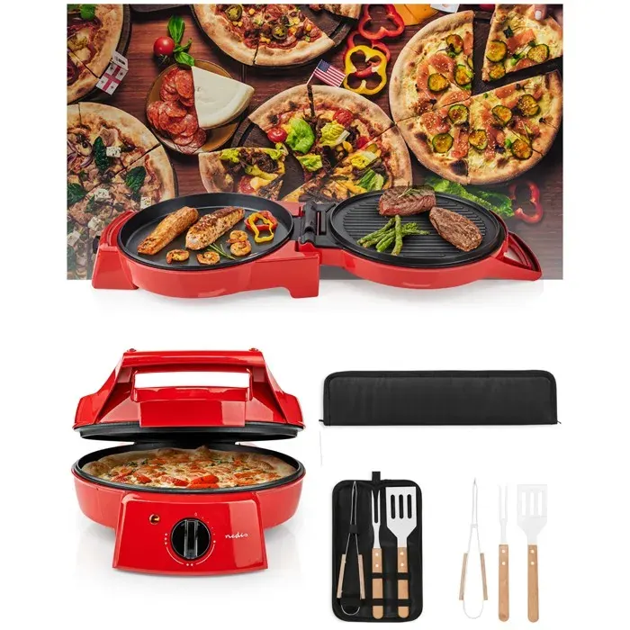 Four à pizza - NEDIS - 1800W - Rouge - Ø30 cm - Revêtement antiadhésif grill 180°