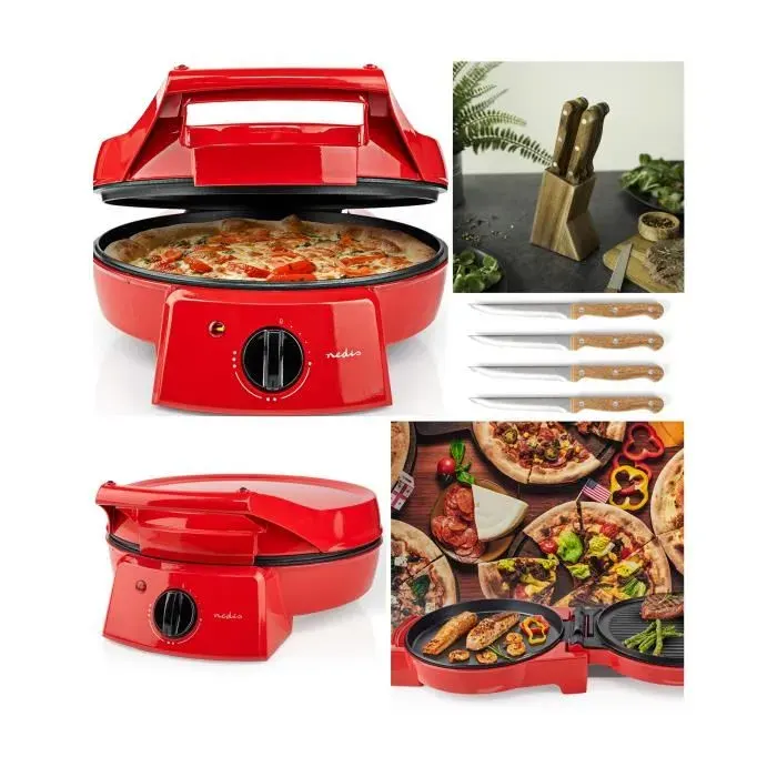 Four à Pizza Rouge et tartes avec Grill Plancha Revêtement Pierre antiadhésif Puissance 1800 W pancakes omelettes quiches + SET