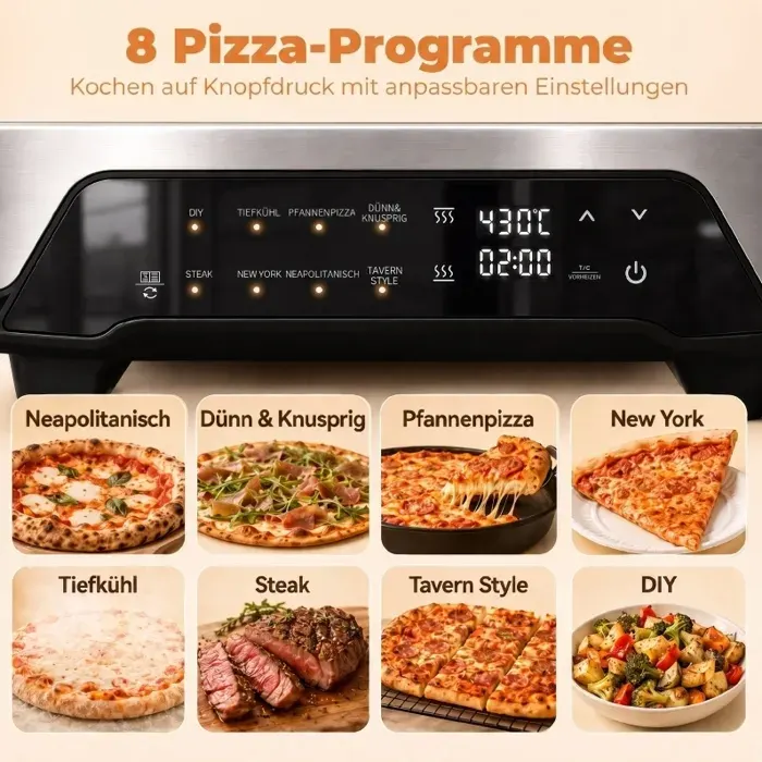 Four électrique à pizza d’intérieur – 2200 W – 12 pouces – 430 °C – 8 programmes – Gris