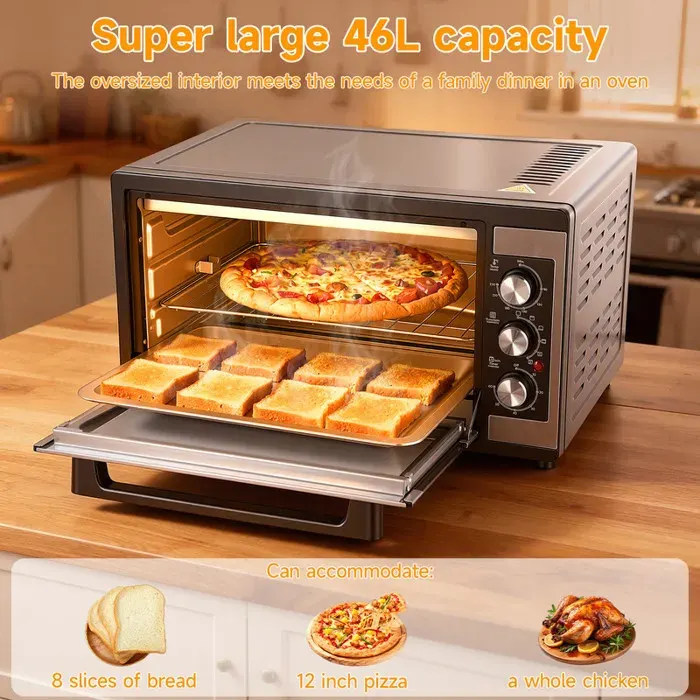 Four grille-pain électrique de cuisine 1500 W en acier inoxydable noir 46 litres 9 fonctions rôtissage croustillant
