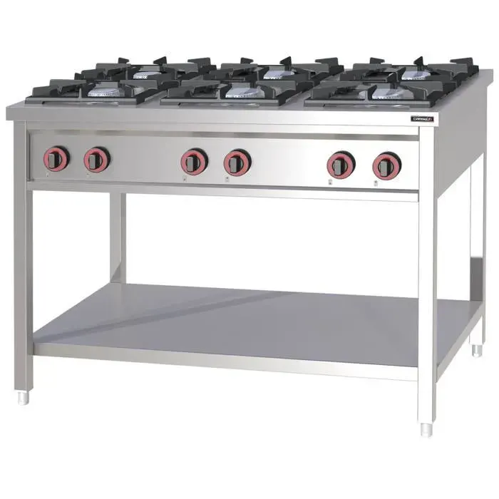 Fourneau à gaz - Casselin - 6 feux - Acier inoxydable - Brûleurs en fonte - 2 x 4000 W + 4 x 7000 W