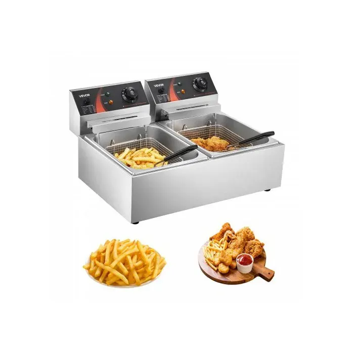 Friteuse 12L Electrique Inox Friteuse Commerciale en Acier Inoxydable à Double Réservoir 5000W Friteuse avec 2Paniers à