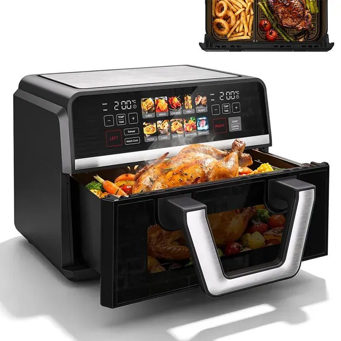Friteuse à air 10 L Air Fryer 2500W，2 tiroirs Cloison Amovible 10 préprogrammes avec Fenêtre Transparente 50-200°C