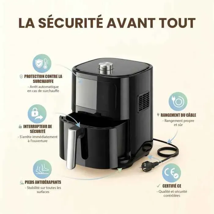 Friteuse à Air 4 L 1200 W avec Hublot de Visualisation Cuisson Sans Huile 80-200°C Minuterie 60 min Noir